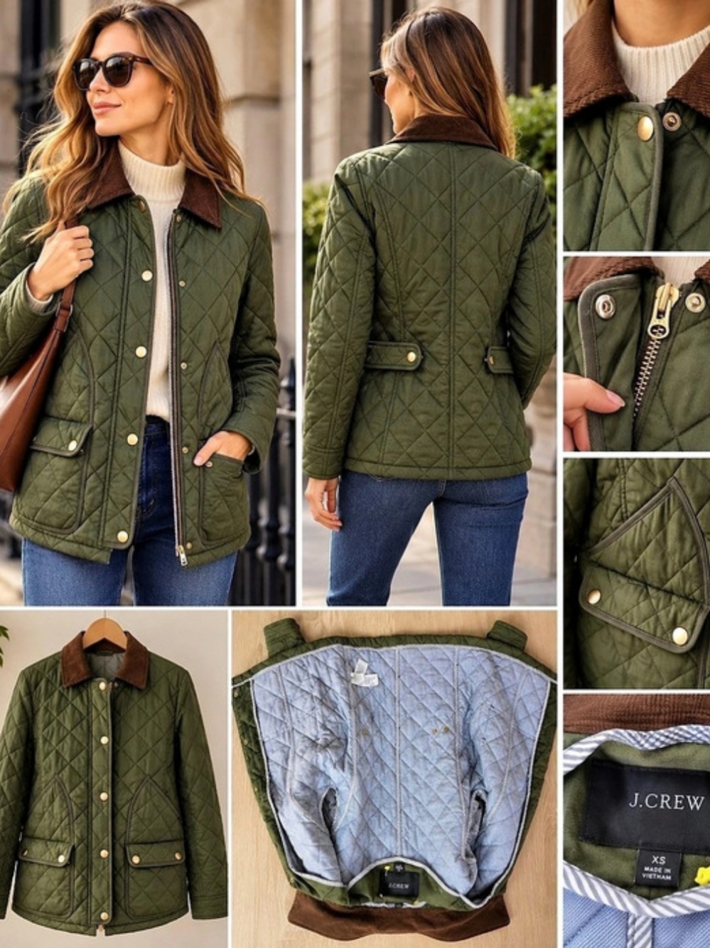 J.Crew Heritage Quilted Barn Jacket with Corduroy Collar Green & Brown XS